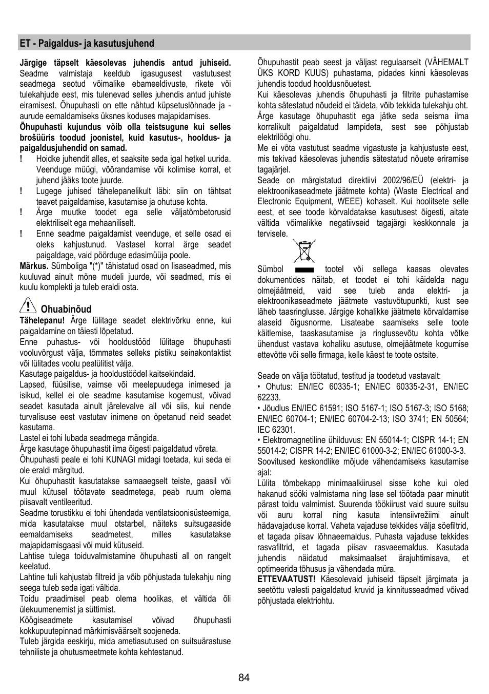 Et - paigaldus- ja kasutusjuhend, Ohuabinõud | ELICA 35CC ISLAND User Manual | Page 140 / 172