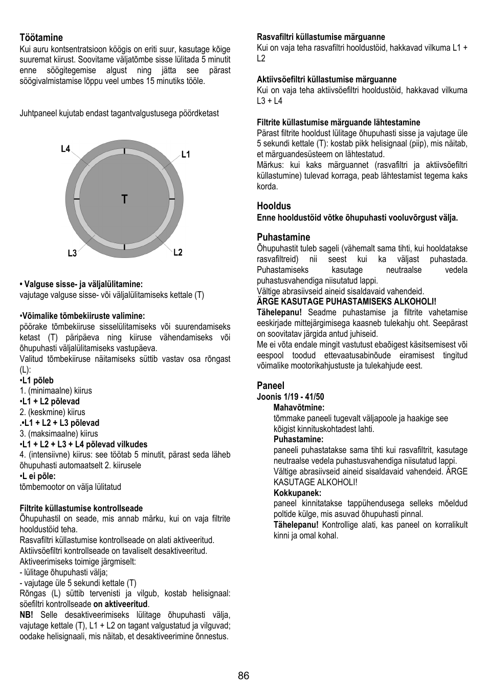 86 töötamine, Hooldus, Puhastamine | Paneel | ELICA 35CC ISLAND User Manual | Page 142 / 172