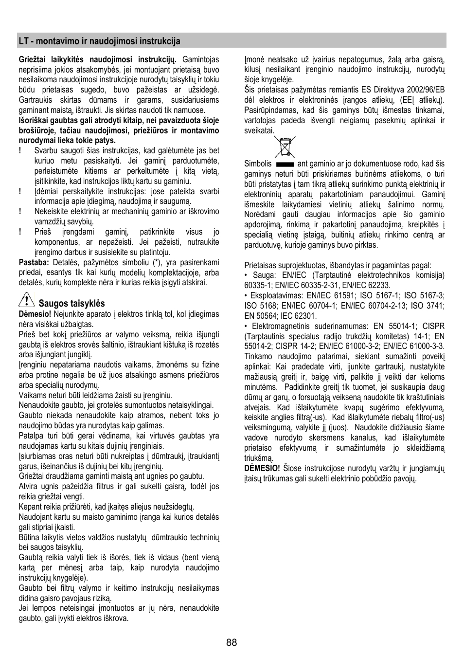 Lt - montavimo ir naudojimosi instrukcija, Saugos taisyklės | ELICA 35CC ISLAND User Manual | Page 144 / 172