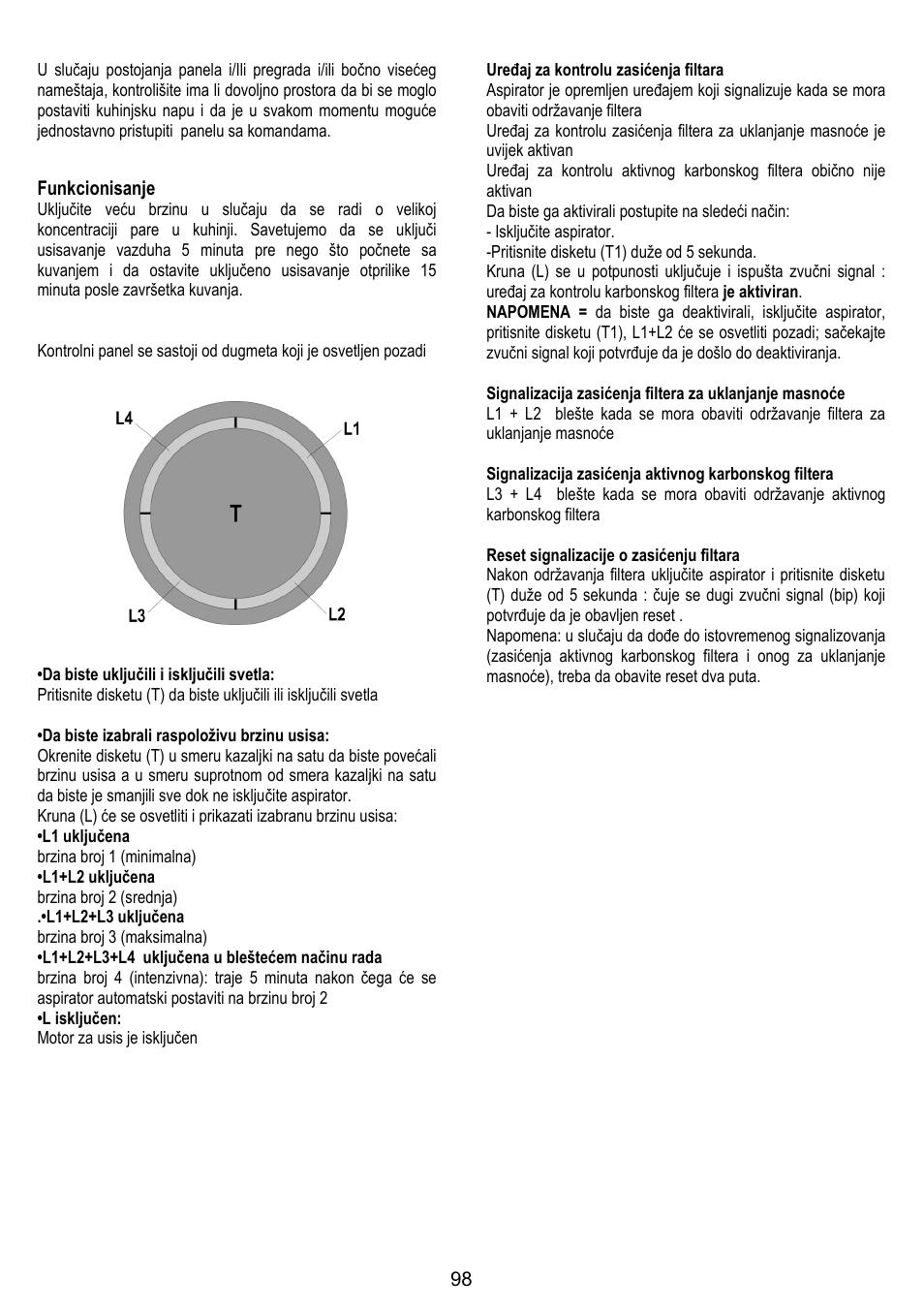 Funkcionisanje | ELICA 35CC ISLAND User Manual | Page 154 / 172