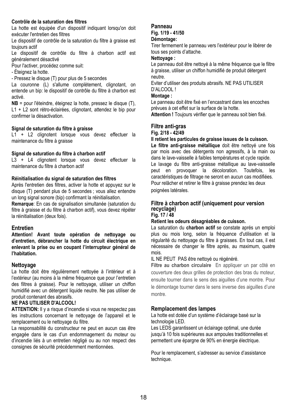 Entretien, Nettoyage, Panneau | Filtre anti-gras, Remplacement des lampes | ELICA 35CC ISLAND User Manual | Page 74 / 172