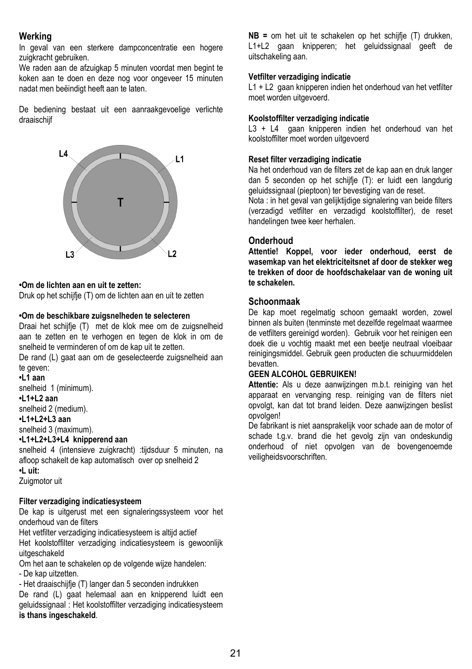 21 werking, Onderhoud, Schoonmaak | ELICA 35CC ISLAND User Manual | Page 77 / 172