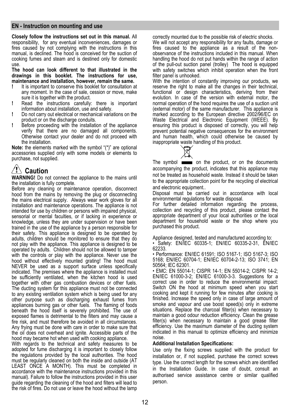 Caution | ELICA ADAGIO User Manual | Page 12 / 72