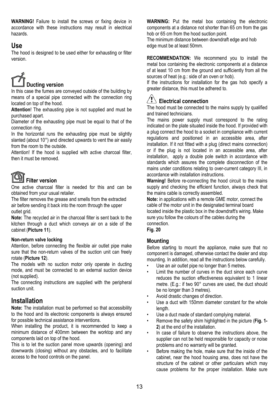Installation | ELICA ADAGIO User Manual | Page 13 / 72