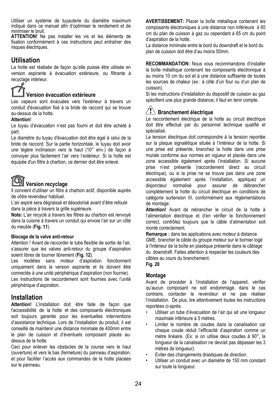 Utilisation, Installation | ELICA ADAGIO User Manual | Page 24 / 72