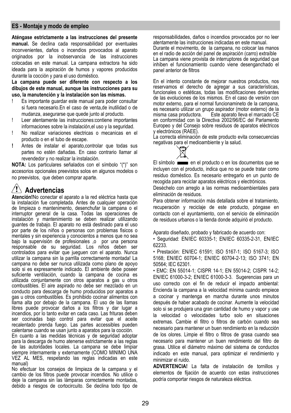 Advertencias | ELICA ADAGIO User Manual | Page 29 / 72