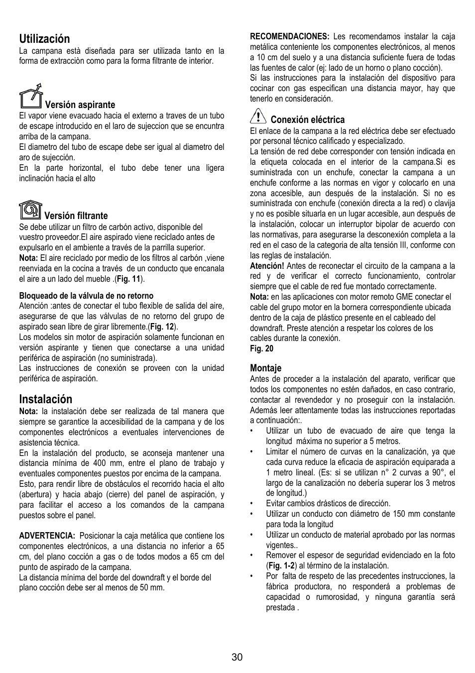 Utilización, Instalación | ELICA ADAGIO User Manual | Page 30 / 72