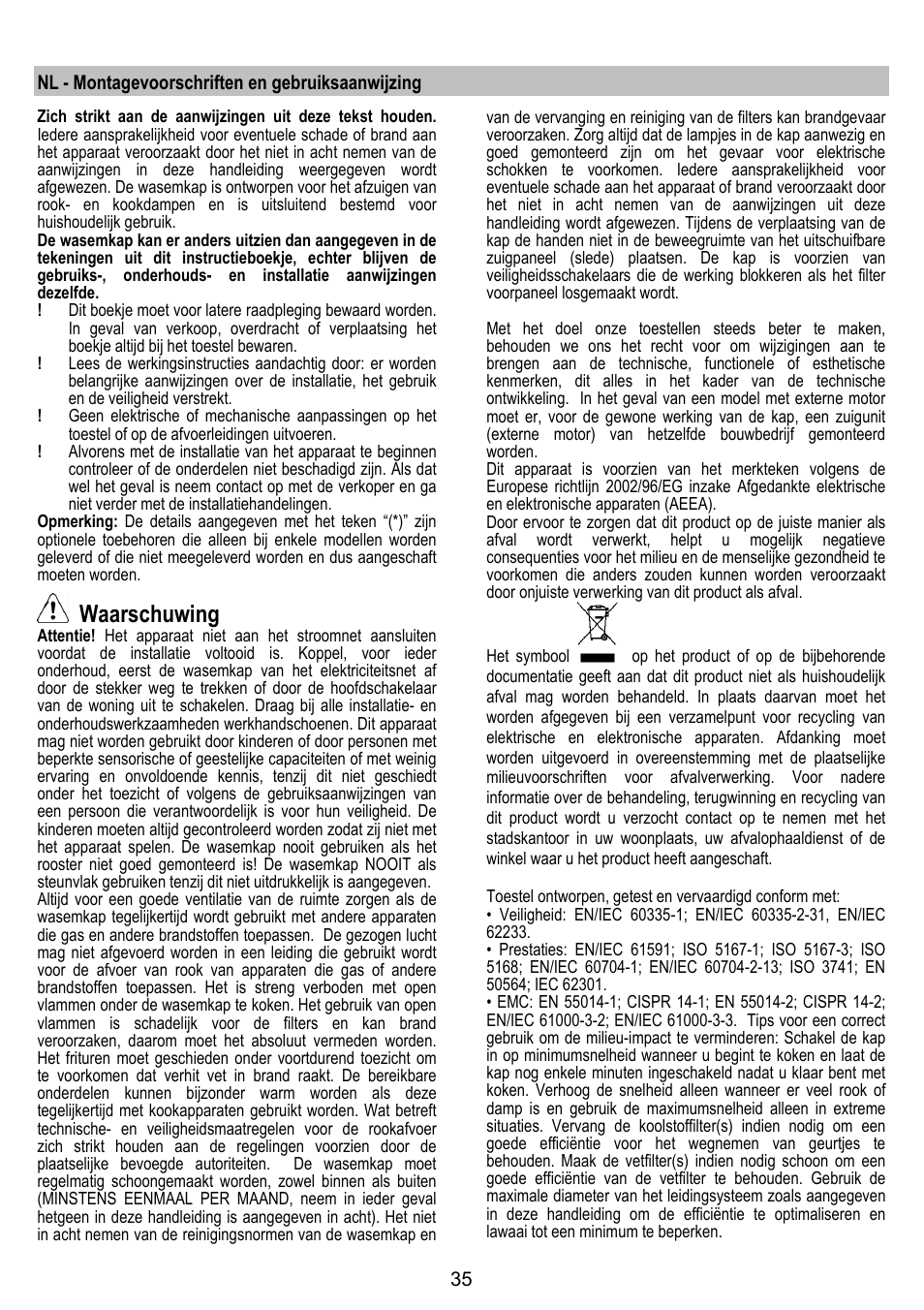 Waarschuwing | ELICA ADAGIO User Manual | Page 35 / 72