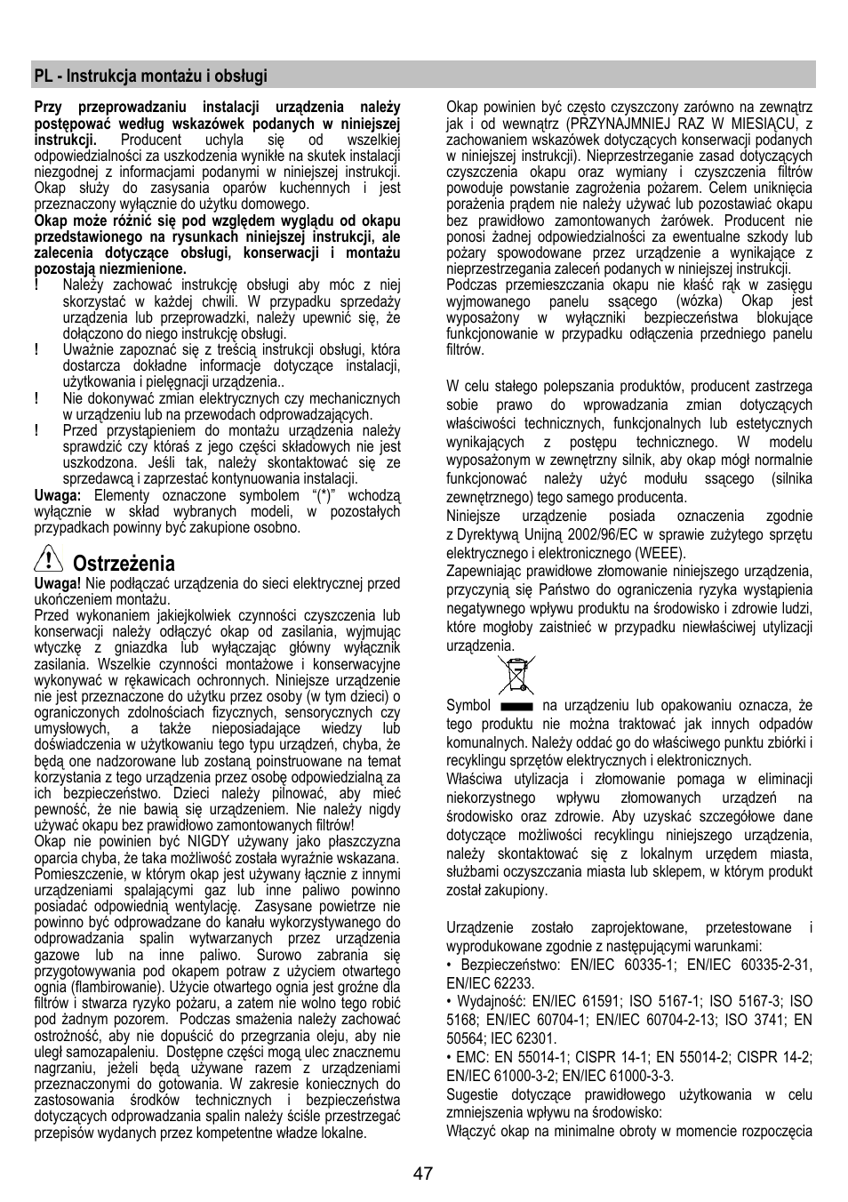 Ostrzeżenia | ELICA ADAGIO User Manual | Page 47 / 72