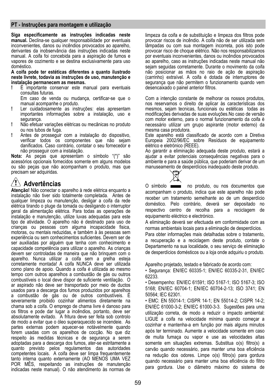 Advertências | ELICA ADAGIO User Manual | Page 59 / 72