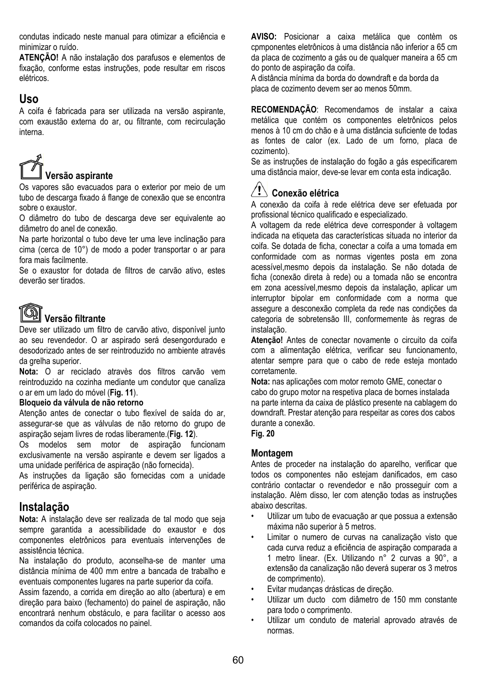 Instalação | ELICA ADAGIO User Manual | Page 60 / 72