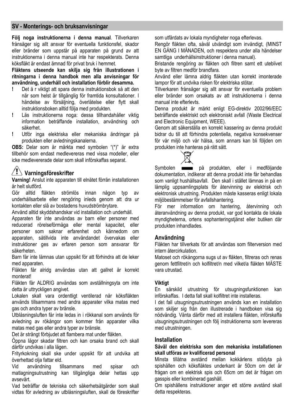 Sv - monterings- och bruksanvisningar, Varningsföreskrifter, Användning | Installation | ELICA ALBA CUBO User Manual | Page 100 / 116