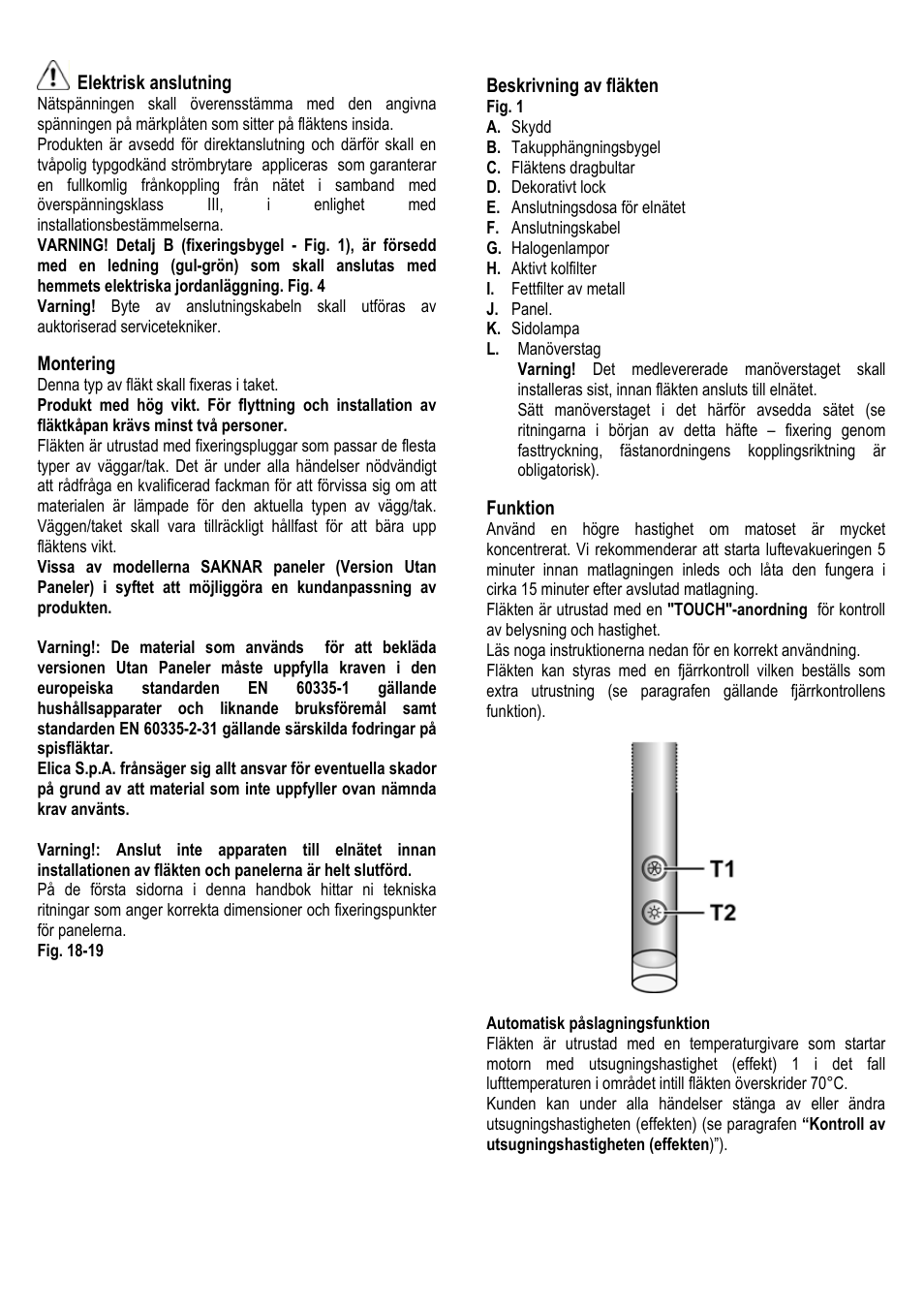 101 elektrisk anslutning, Montering, Beskrivning av fläkten | Funktion | ELICA ALBA CUBO User Manual | Page 101 / 116