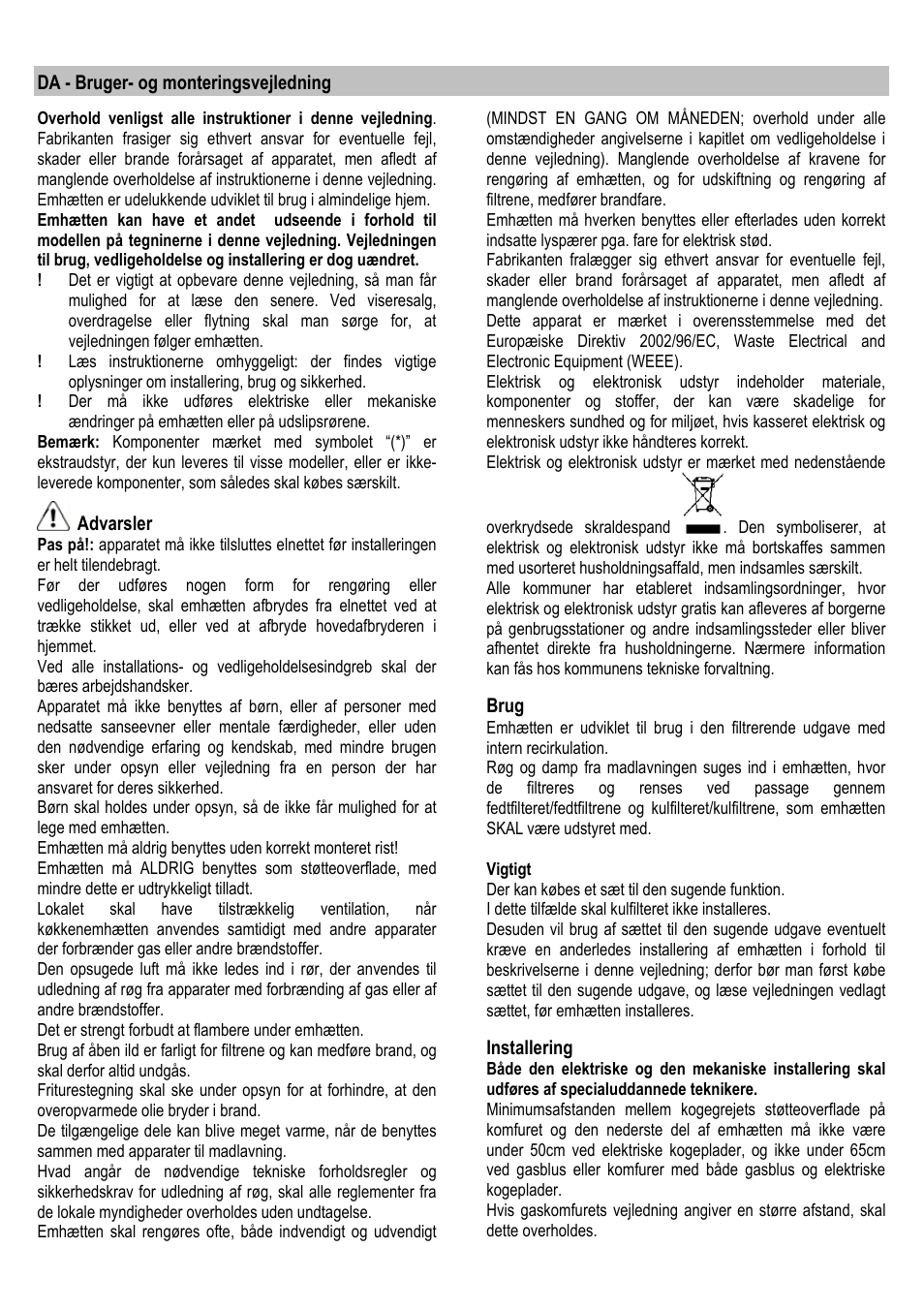 Da - bruger- og monteringsvejledning, Advarsler, Brug | Installering | ELICA ALBA CUBO User Manual | Page 105 / 116