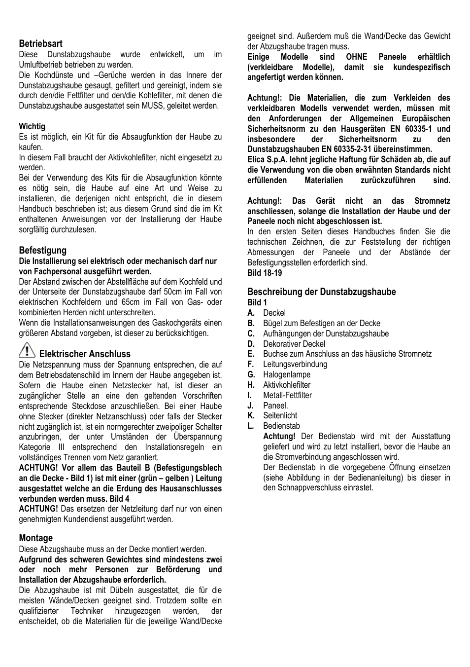 11 betriebsart, Befestigung, Elektrischer anschluss | Montage, Beschreibung der dunstabzugshaube | ELICA ALBA CUBO User Manual | Page 11 / 116