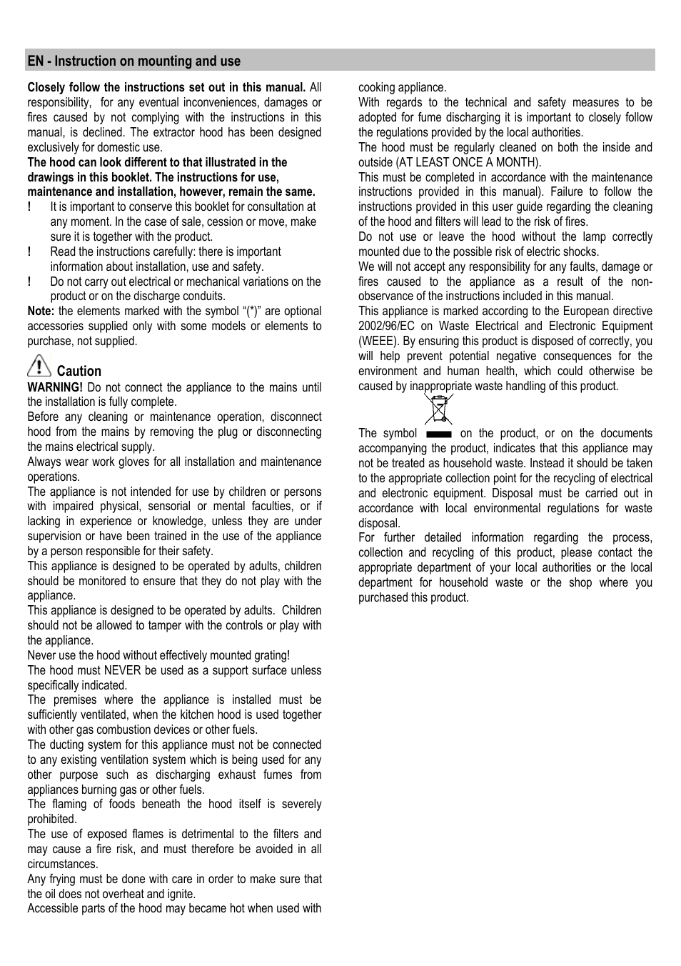 En - instruction on mounting and use, Caution | ELICA ALBA CUBO User Manual | Page 15 / 116