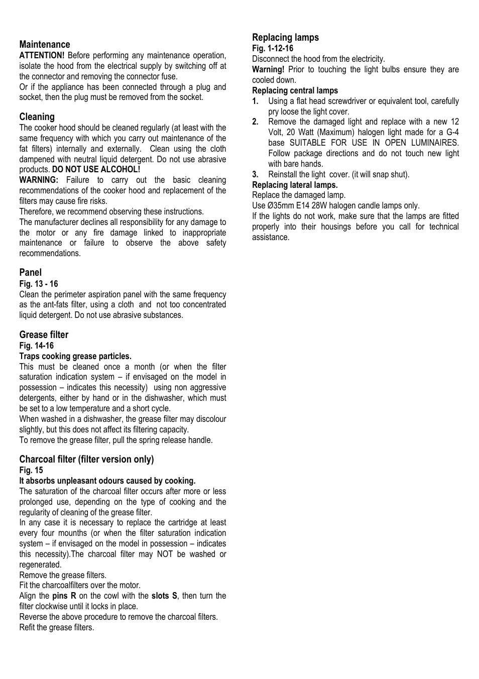 19 maintenance, Cleaning, Panel | Grease filter, Charcoal filter (filter version only), Replacing lamps | ELICA ALBA CUBO User Manual | Page 19 / 116