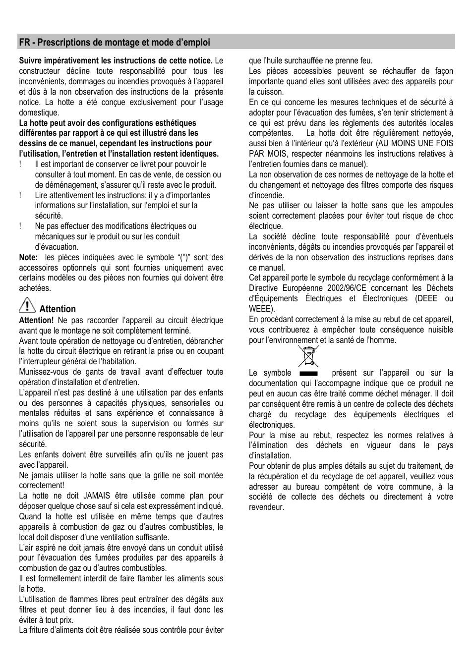 Fr - prescriptions de montage et mode d’emploi, Attention | ELICA ALBA CUBO User Manual | Page 20 / 116