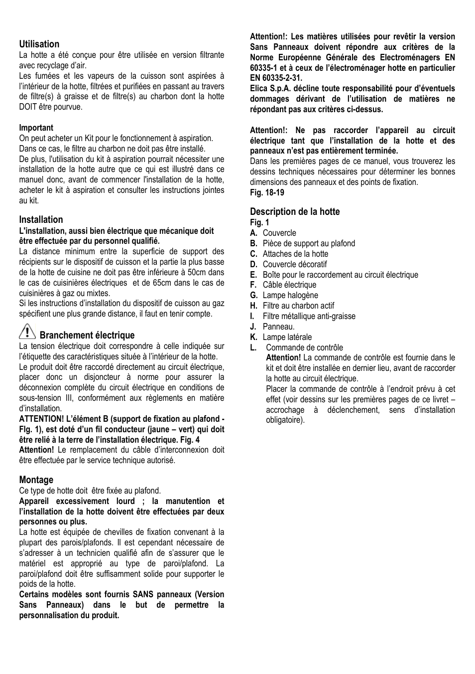 21 utilisation, Installation, Branchement électrique | Montage, Description de la hotte | ELICA ALBA CUBO User Manual | Page 21 / 116