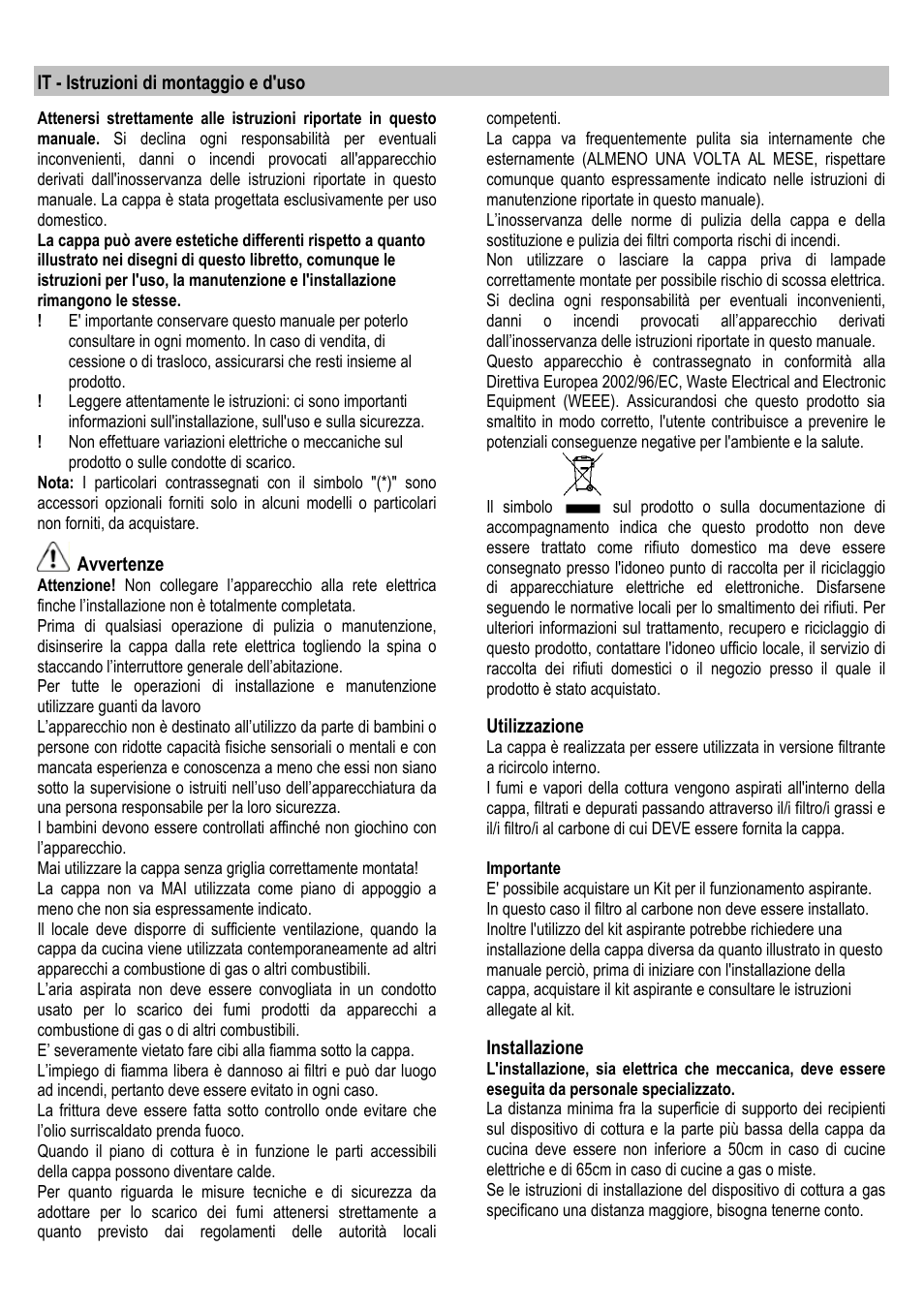 It - istruzioni di montaggio e d'uso, Avvertenze, Utilizzazione | Installazione | ELICA ALBA CUBO User Manual | Page 30 / 116