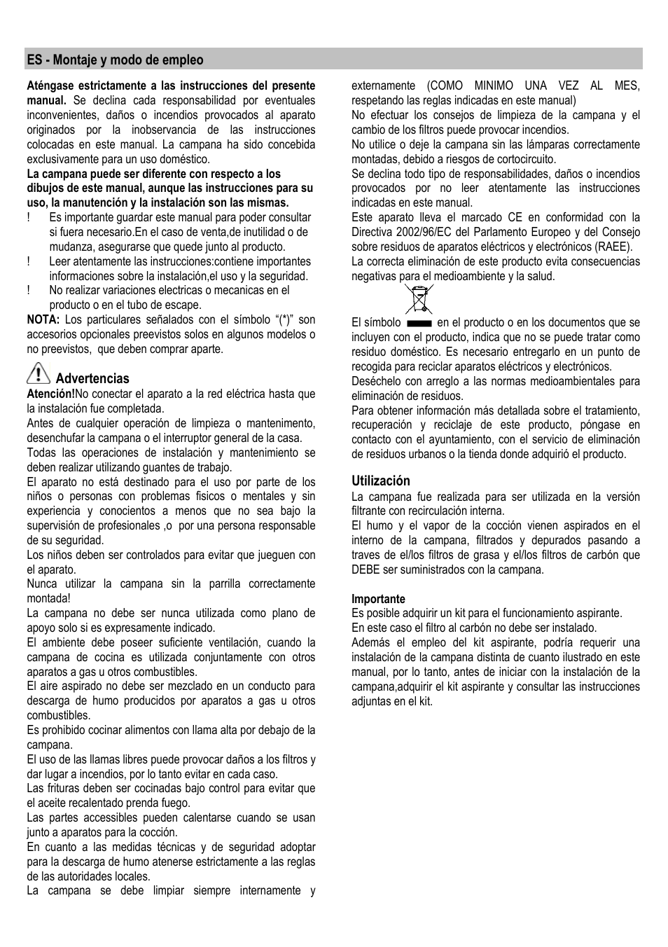 Es - montaje y modo de empleo, Advertencias, Utilización | ELICA ALBA CUBO User Manual | Page 35 / 116