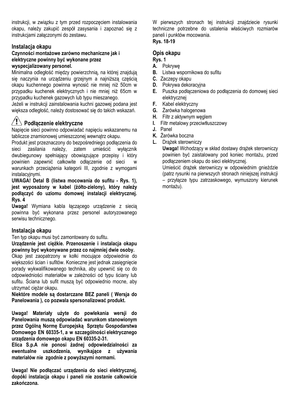 Instalacja okapu, Podłączenie elektryczne, Opis okapu | ELICA ALBA CUBO User Manual | Page 51 / 116