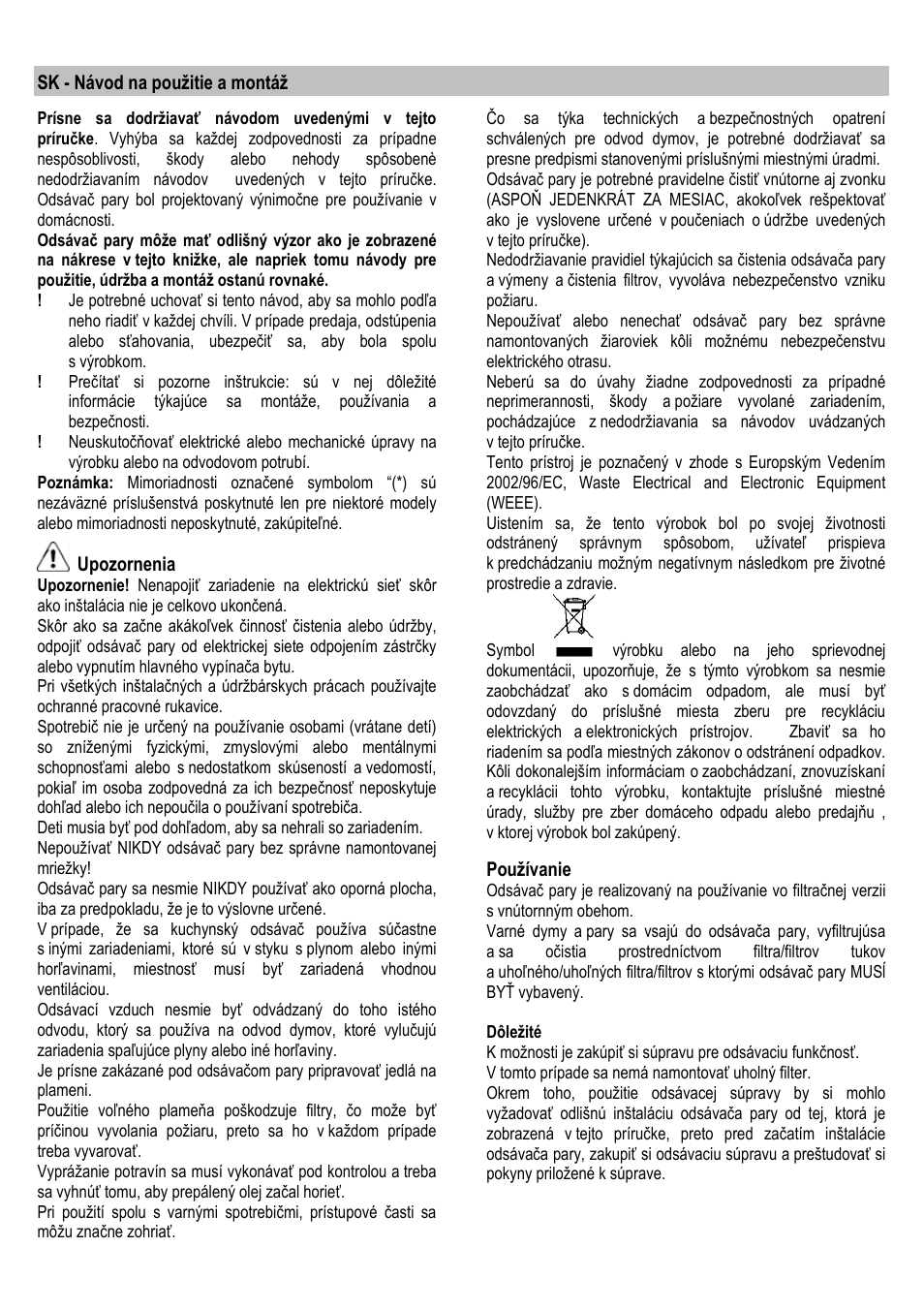 Sk - návod na použitie a montáž, Upozornenia, Používanie | ELICA ALBA CUBO User Manual | Page 60 / 116