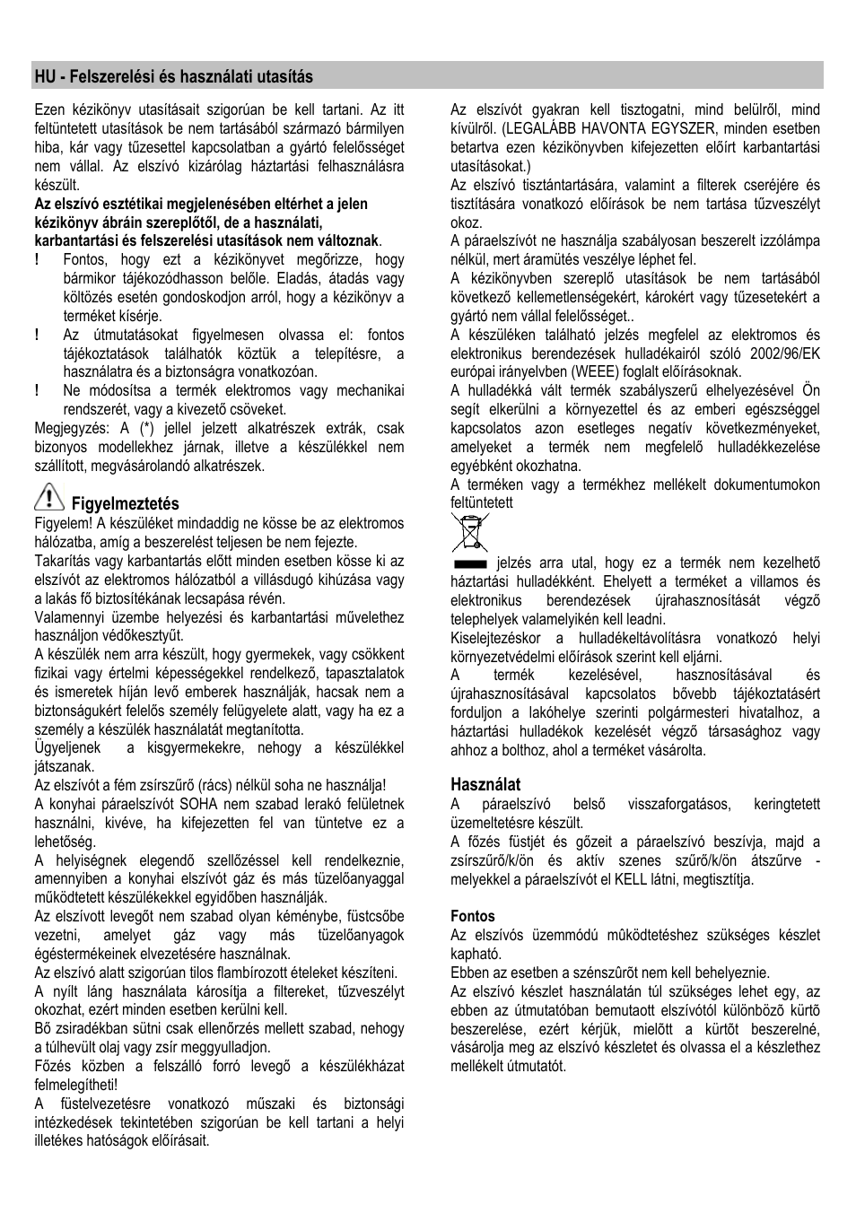 Hu - felszerelési és használati utasítás, Figyelmeztetés, Használat | ELICA ALBA CUBO User Manual | Page 65 / 116