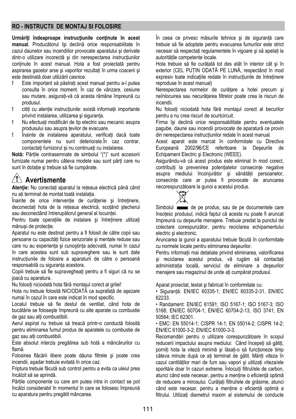 Avertismente | ELICA ALTAIR User Manual | Page 111 / 168