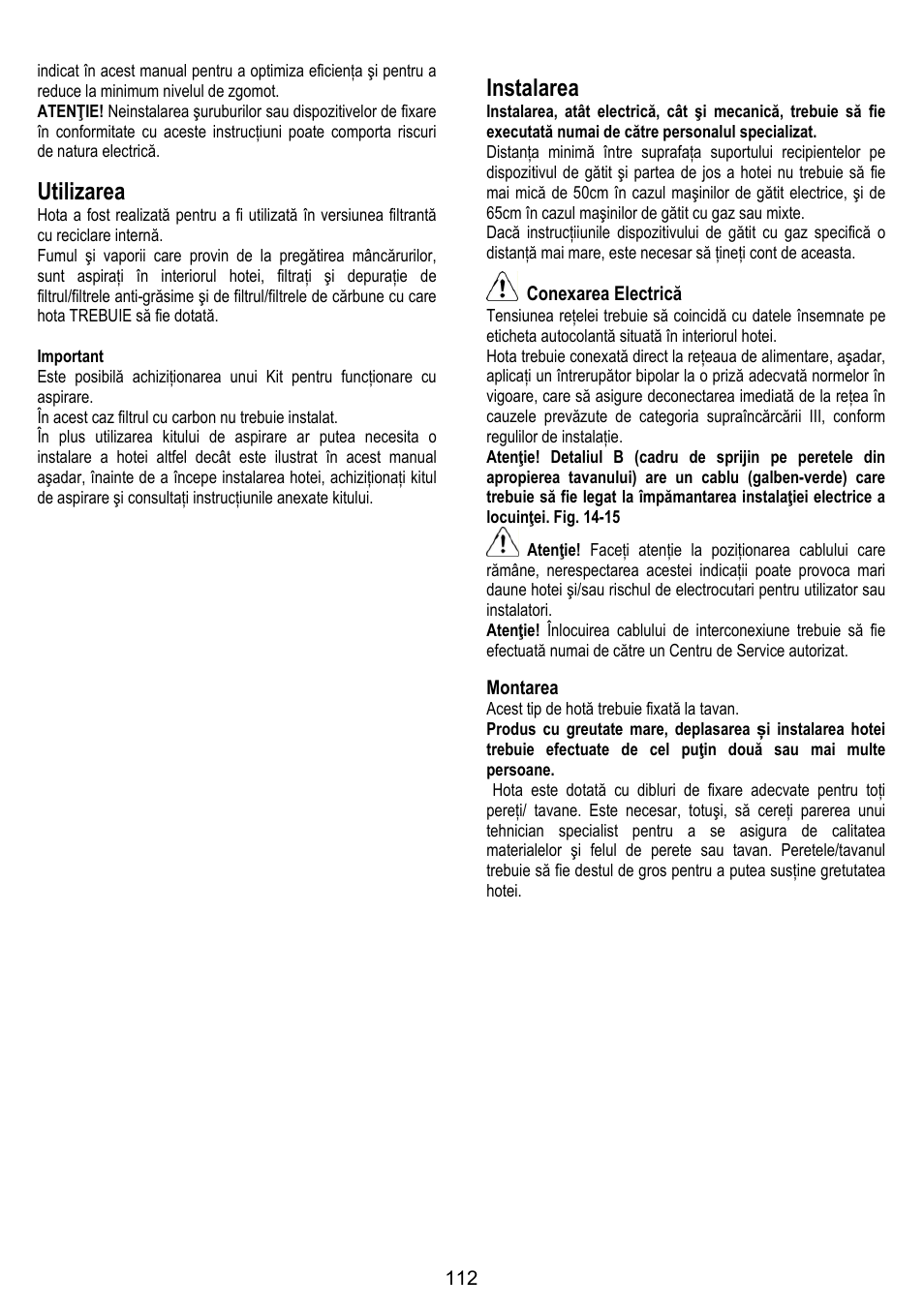 Utilizarea, Instalarea, Conexarea electrică | Montarea | ELICA ALTAIR User Manual | Page 112 / 168