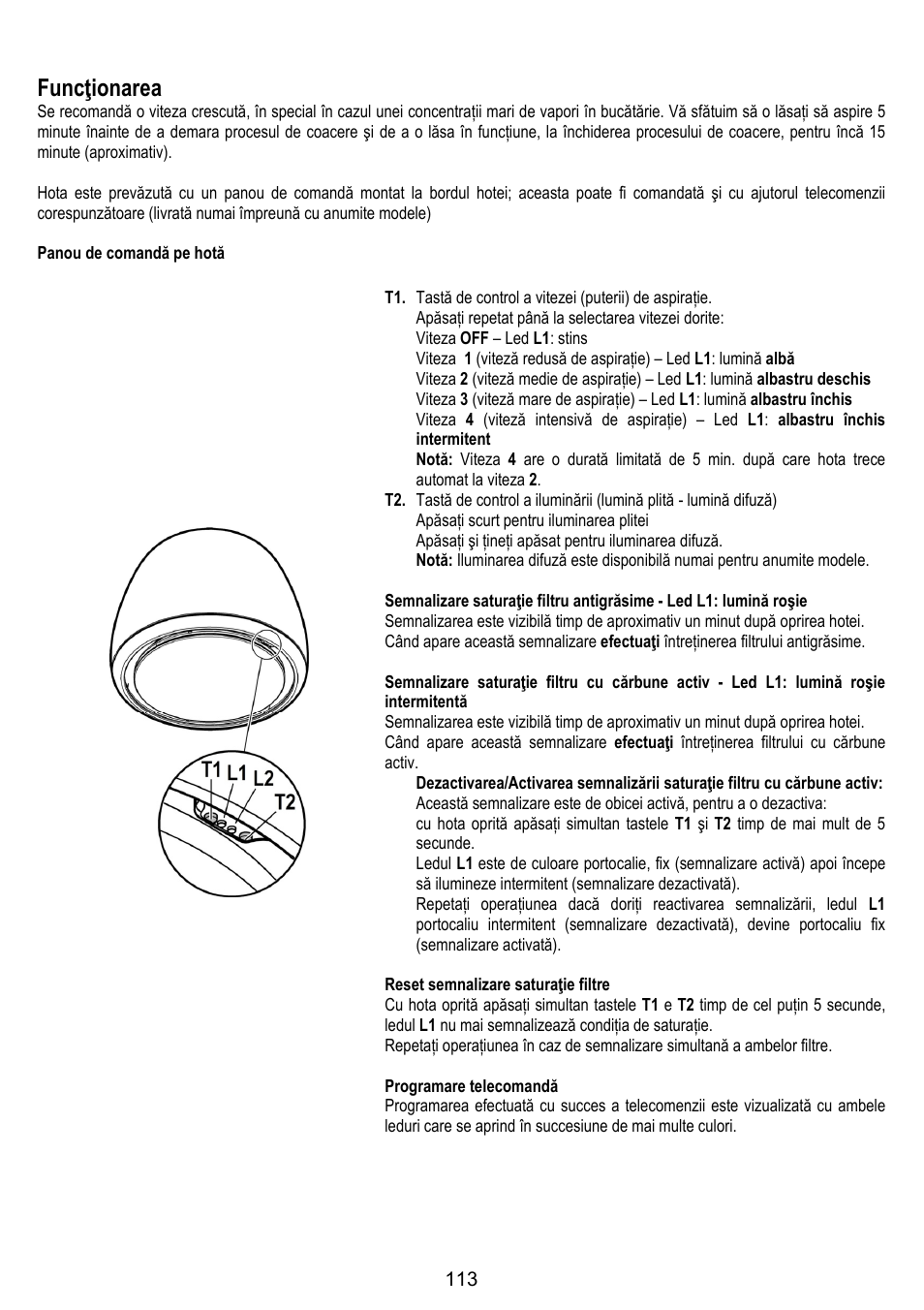 Funcţionarea | ELICA ALTAIR User Manual | Page 113 / 168