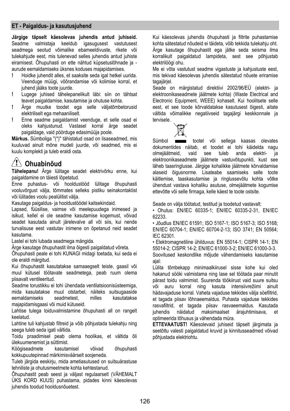 Ohuabinõud | ELICA ALTAIR User Manual | Page 126 / 168