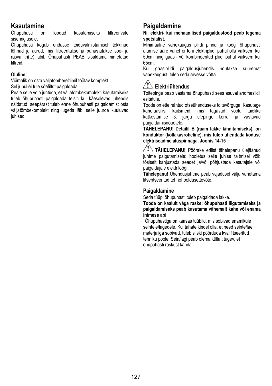 Kasutamine, Paigaldamine, Elektriühendus | ELICA ALTAIR User Manual | Page 127 / 168