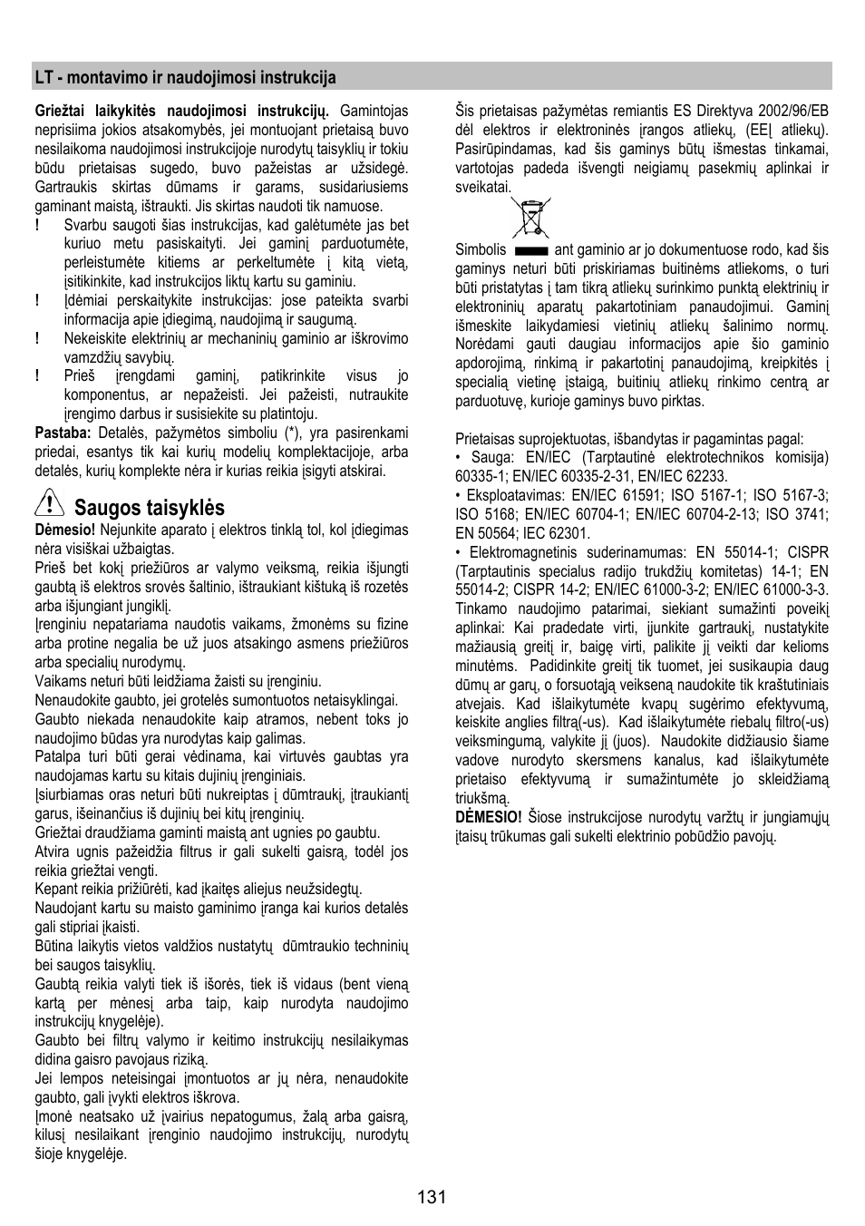 Saugos taisyklės | ELICA ALTAIR User Manual | Page 131 / 168