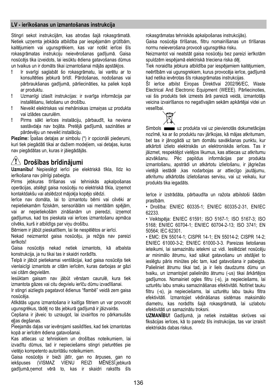 Drošības brīdinājumi | ELICA ALTAIR User Manual | Page 136 / 168