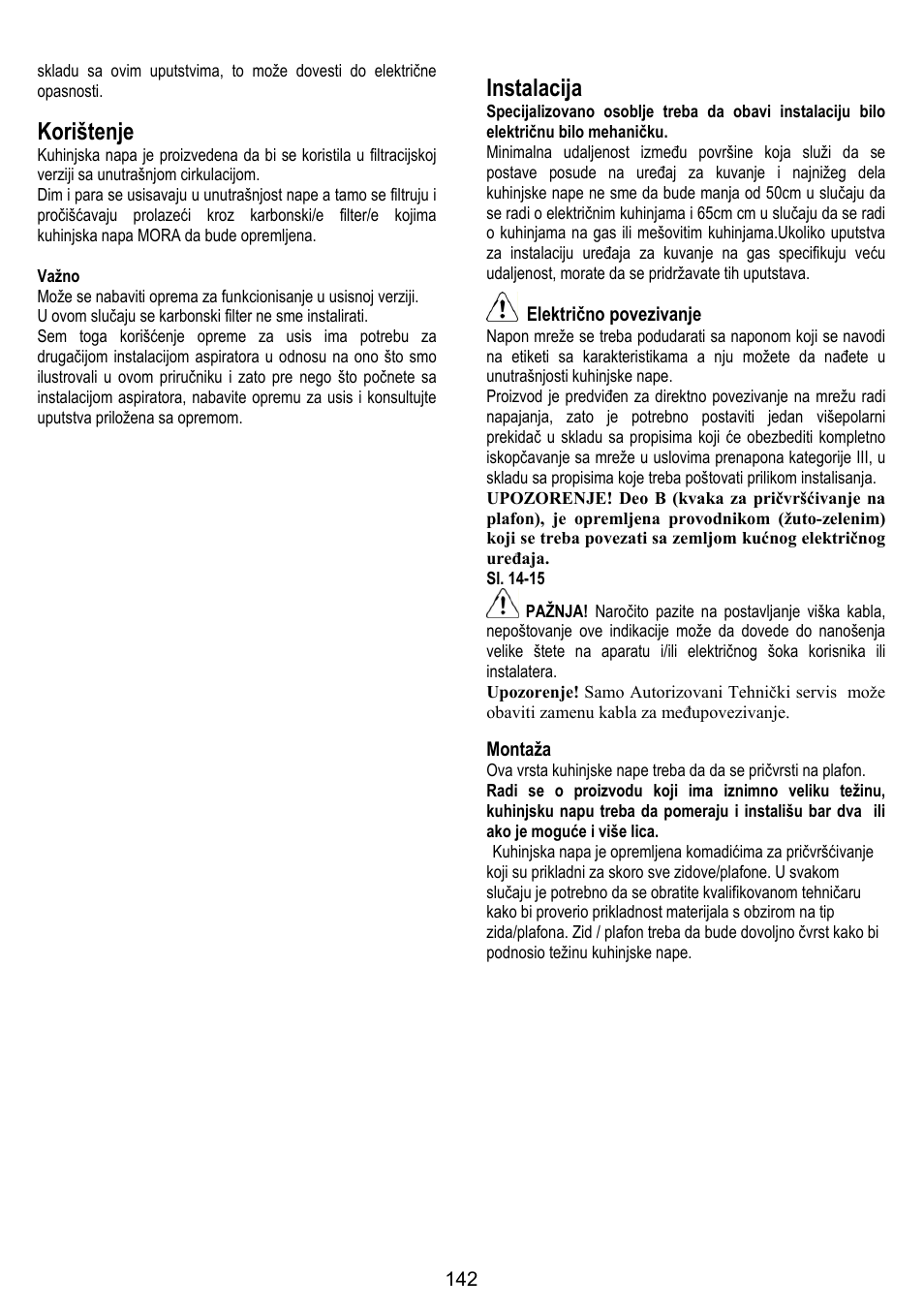 Korištenje, Instalacija, Električno povezivanje | Montaža | ELICA ALTAIR User Manual | Page 142 / 168