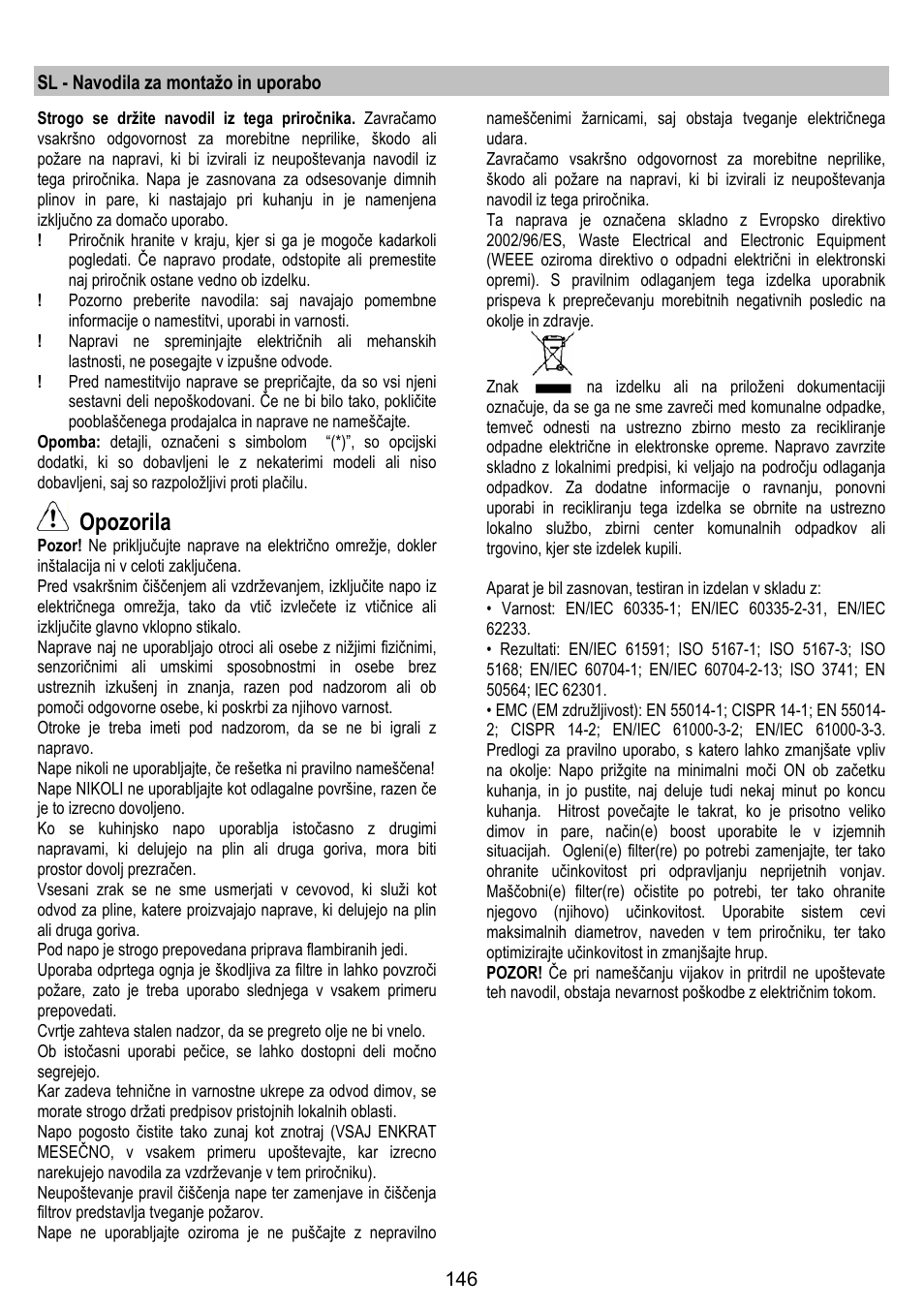 Opozorila | ELICA ALTAIR User Manual | Page 146 / 168