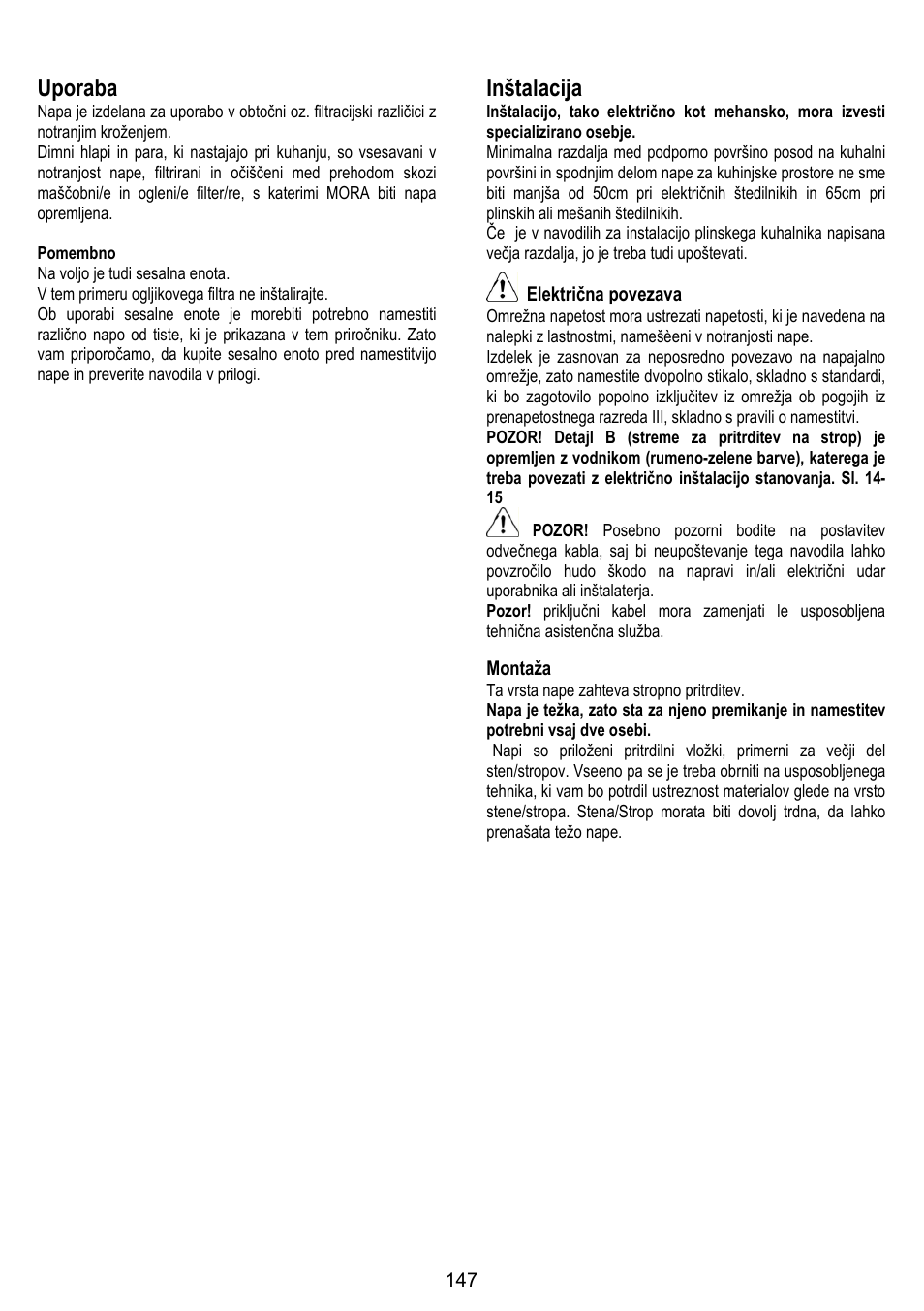 Uporaba, Inštalacija, Električna povezava | Montaža | ELICA ALTAIR User Manual | Page 147 / 168