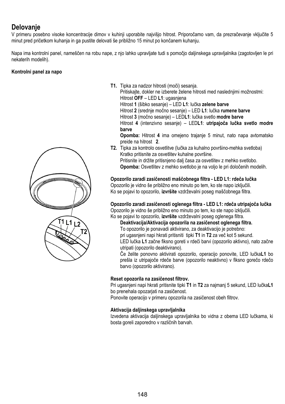 Delovanje | ELICA ALTAIR User Manual | Page 148 / 168