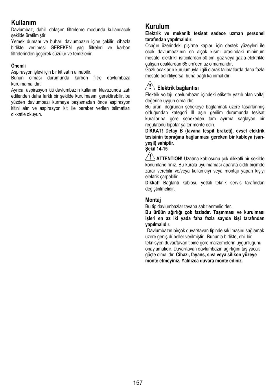 Kullanım, Kurulum, Elektrik bağlantısı | Montaj | ELICA ALTAIR User Manual | Page 157 / 168