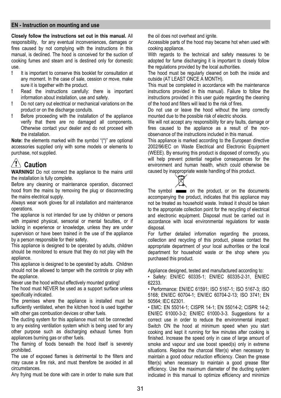 Caution | ELICA ALTAIR User Manual | Page 31 / 168