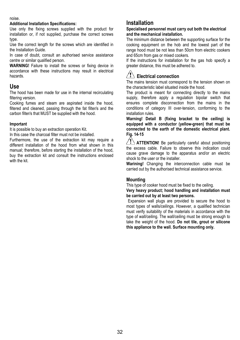 Installation, Electrical connection, Mounting | ELICA ALTAIR User Manual | Page 32 / 168