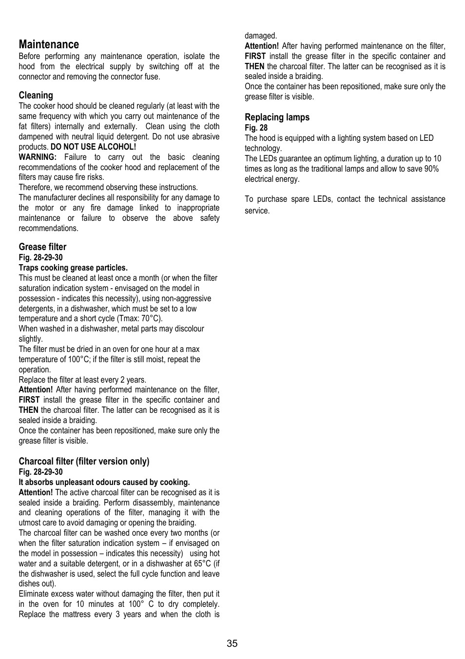 Maintenance, Cleaning, Grease filter | Charcoal filter (filter version only), Replacing lamps | ELICA ALTAIR User Manual | Page 35 / 168