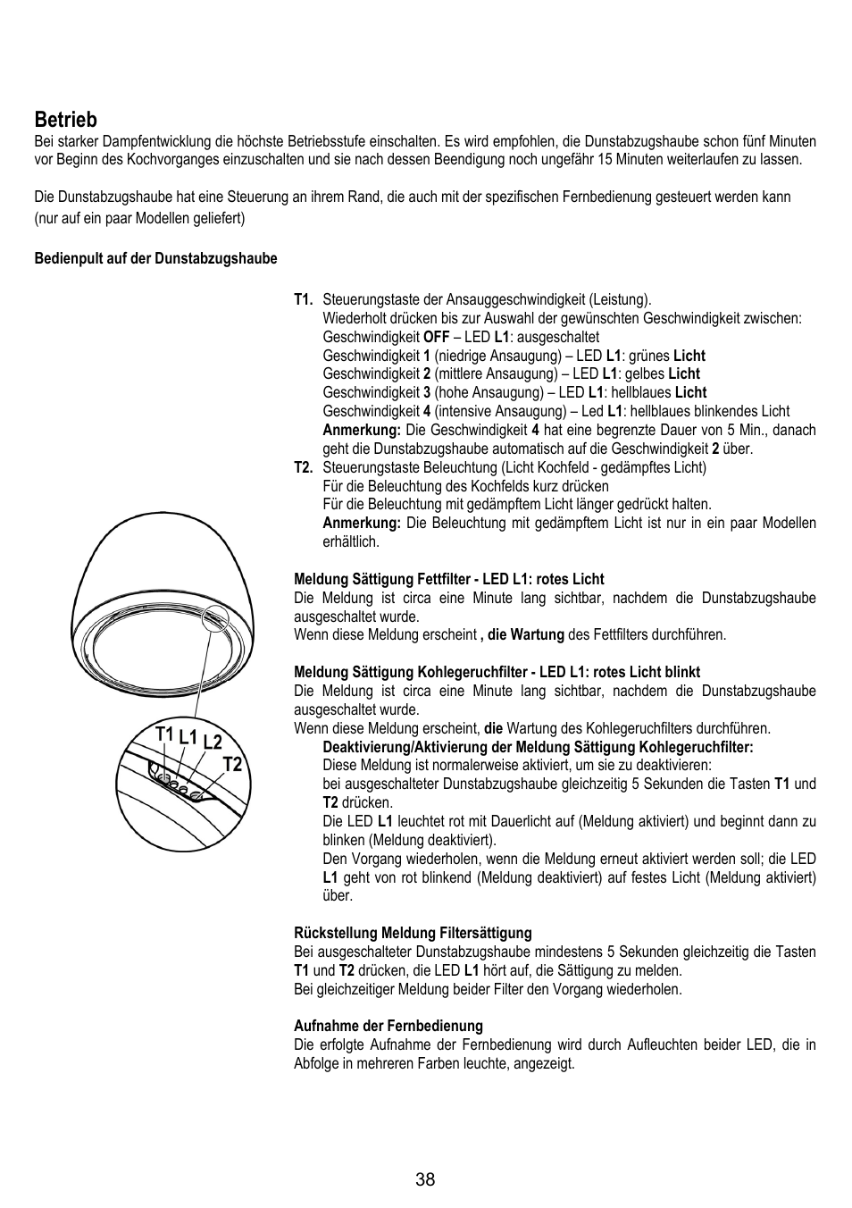 Betrieb | ELICA ALTAIR User Manual | Page 38 / 168