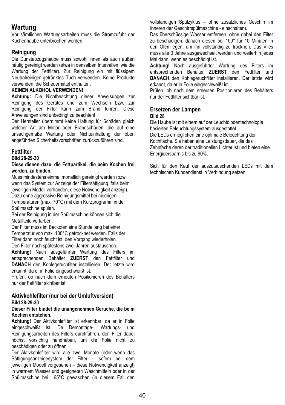 Wartung, Reinigung, Fettfilter | Aktivkohlefilter (nur bei der umluftversion), Ersetzen der lampen | ELICA ALTAIR User Manual | Page 40 / 168