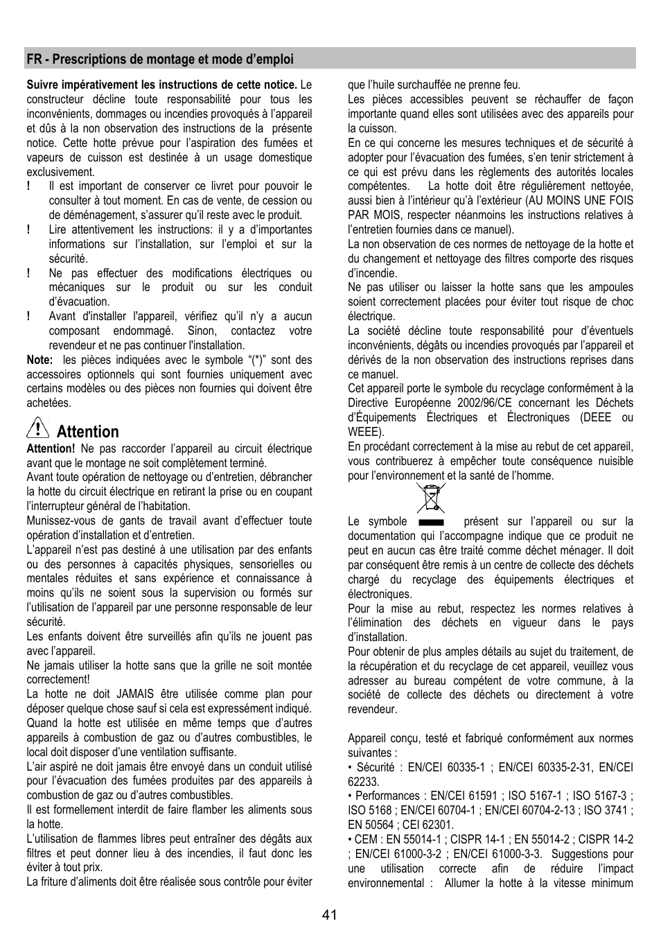 Attention | ELICA ALTAIR User Manual | Page 41 / 168