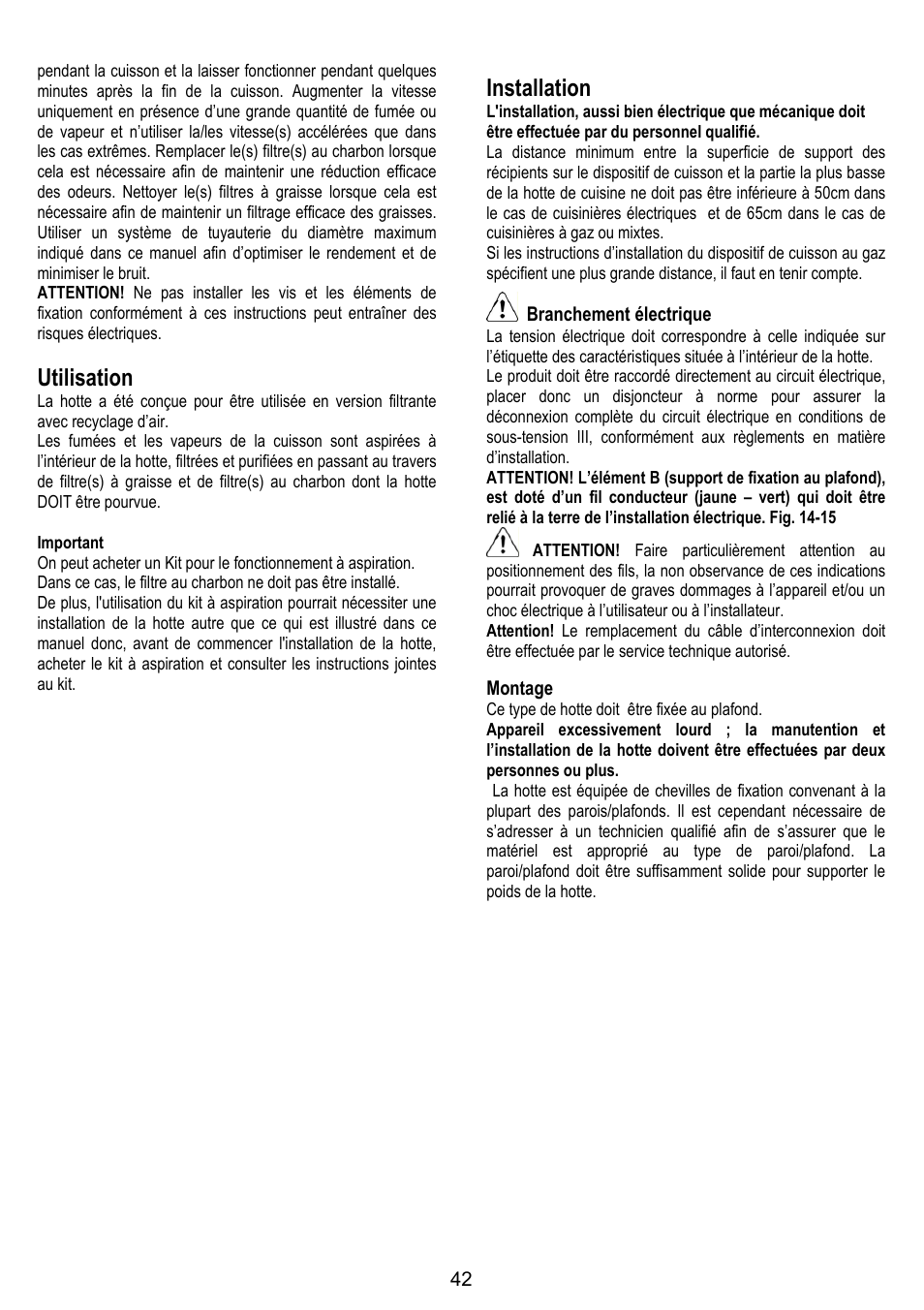 Utilisation, Installation, Branchement électrique | Montage | ELICA ALTAIR User Manual | Page 42 / 168