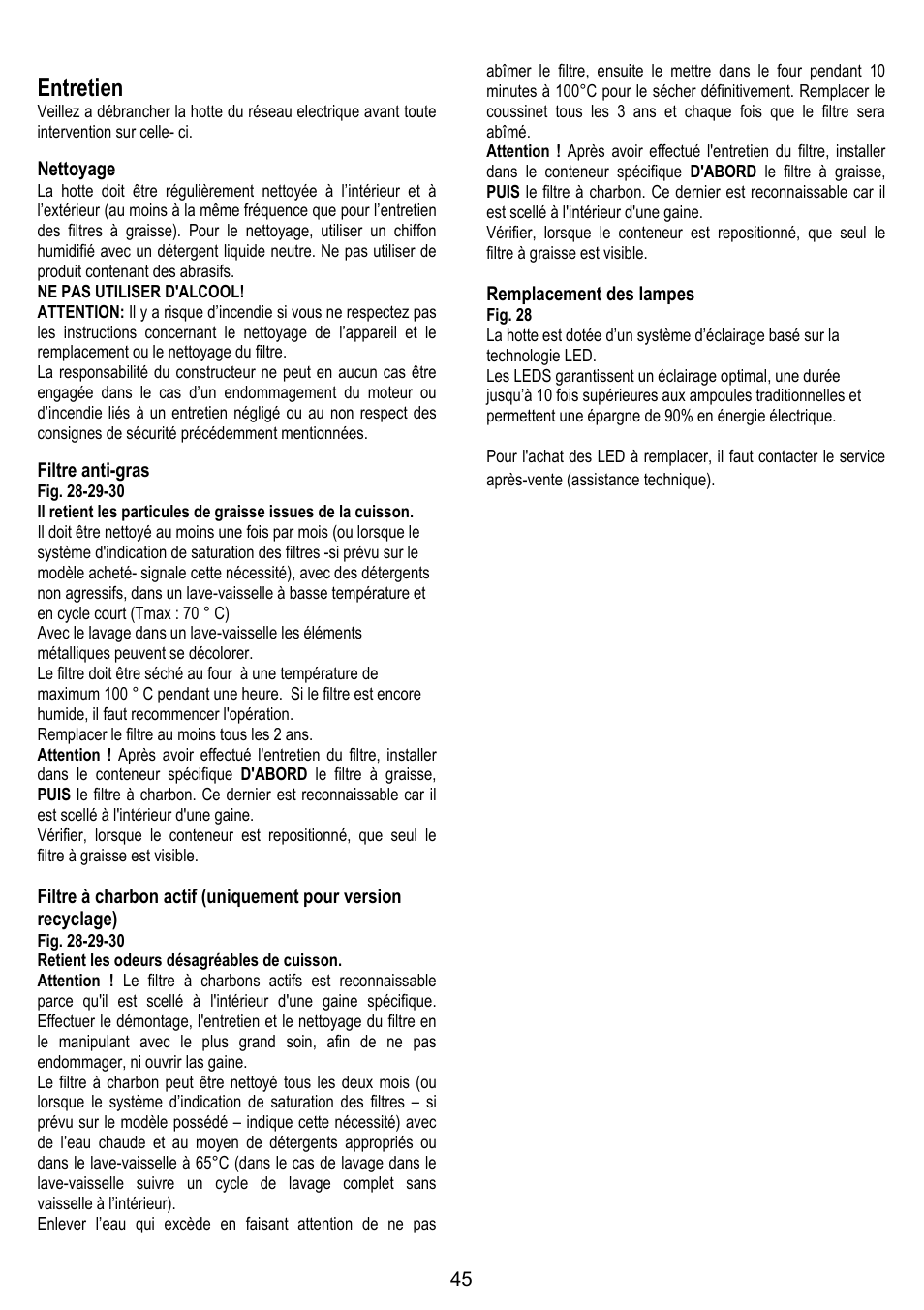 Entretien, Nettoyage, Filtre anti-gras | Remplacement des lampes | ELICA ALTAIR User Manual | Page 45 / 168