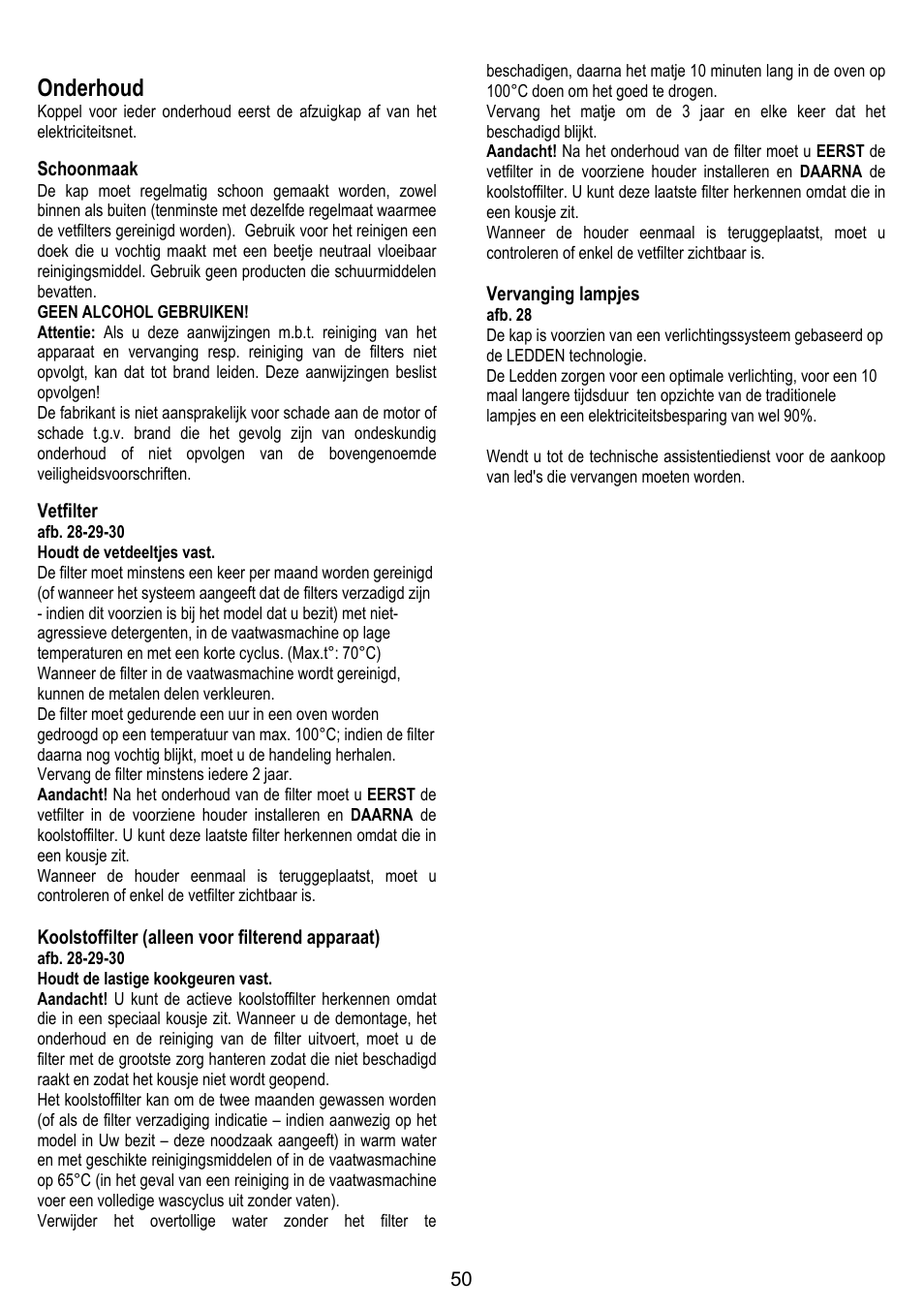 Onderhoud, Schoonmaak, Vetfilter | Koolstoffilter (alleen voor filterend apparaat), Vervanging lampjes | ELICA ALTAIR User Manual | Page 50 / 168