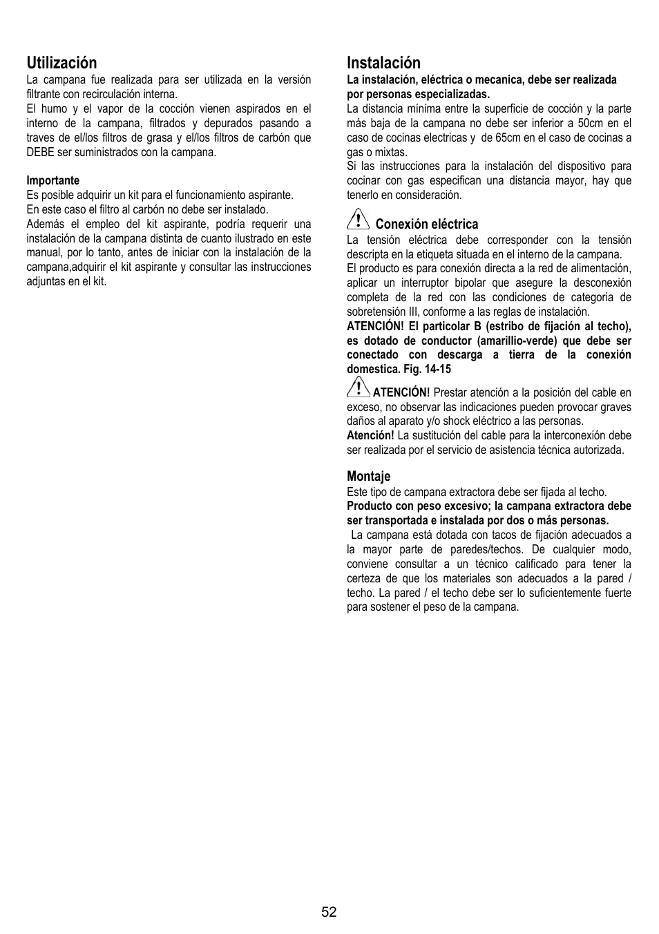 Utilización, Instalación | ELICA ALTAIR User Manual | Page 52 / 168